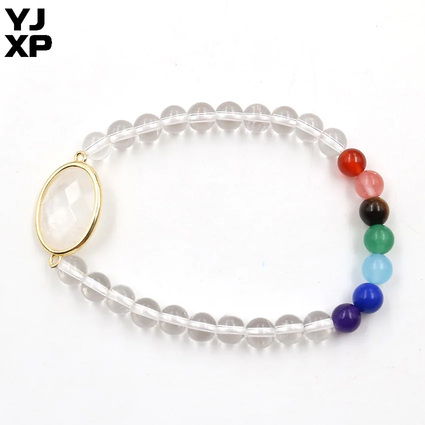 YJXP 7 Chakra Bracelet Natural Crystal Round Beads Double Buckle Connector Bangle Bracelets Women Reiki Amulet Charms Jewelry | Украшения и