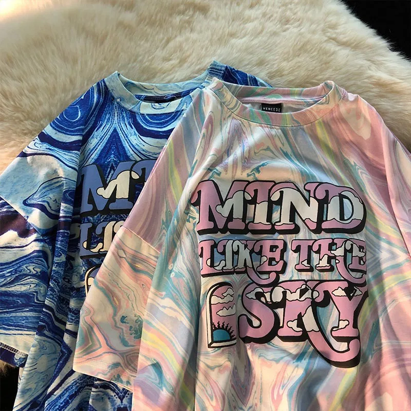 

Tie Dye Cartoon Print Shirts Woman Summer Cute Letter Animal Short Sleeve Graphic Oversize Harajuku Casual Loose T-shirt Tee Top