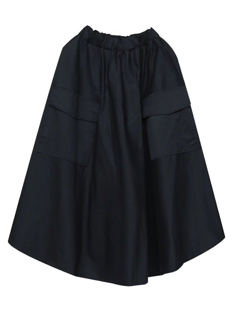 

Retro Dark Loose Slim Long Cotton Big Swing Skirt Spring Autumn Women High Elastic Waist Black Pleated Irregular Black Skirt