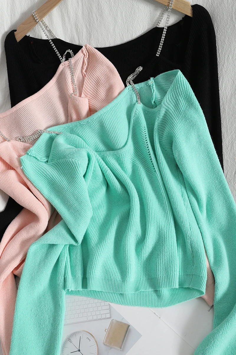 

Spring fashion chain strapless sexy slim Sweater top all-match Korean style slim comfortable waist knit sweater women jumper