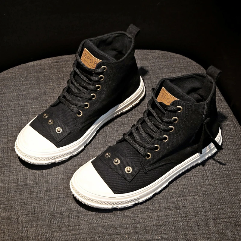 2019 модные высокие кроссовки парусиновая обувь женская черного цвета белые