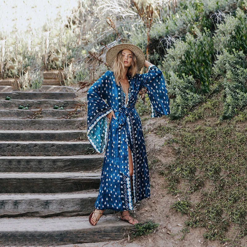 

New blue peacock tail print cardigan beach sunscreen blouse bikini blouse