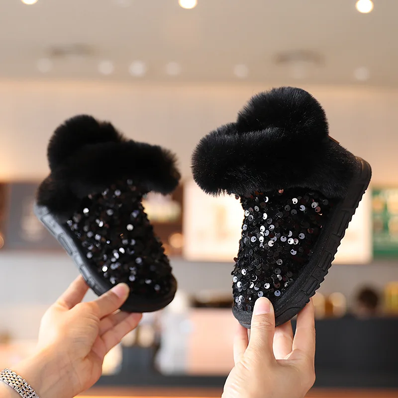 

2022 Winter Kids Children's Snow Boots Little Girls Fur Warm Boots Baby Sequins Leather Princess Fashion Boots