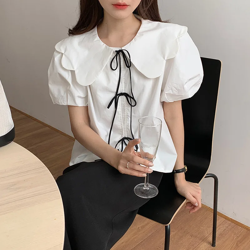 

QOERLIN Peter Pan Collar Girls Shirts Bandage Kawaii Blouse White Chic Summer Blouse Women Vintage Shirt Streetwear Puff Sleeve