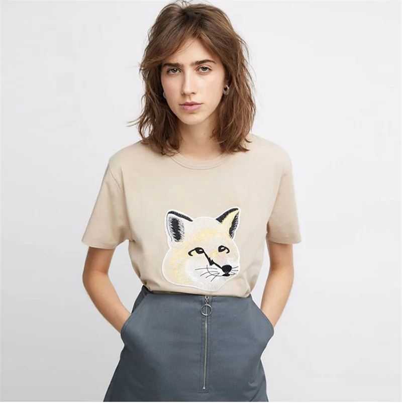 

ader big fox head embroidery women t-shirt o-neck casual wild short sleeve tee Couple T-shirt tops