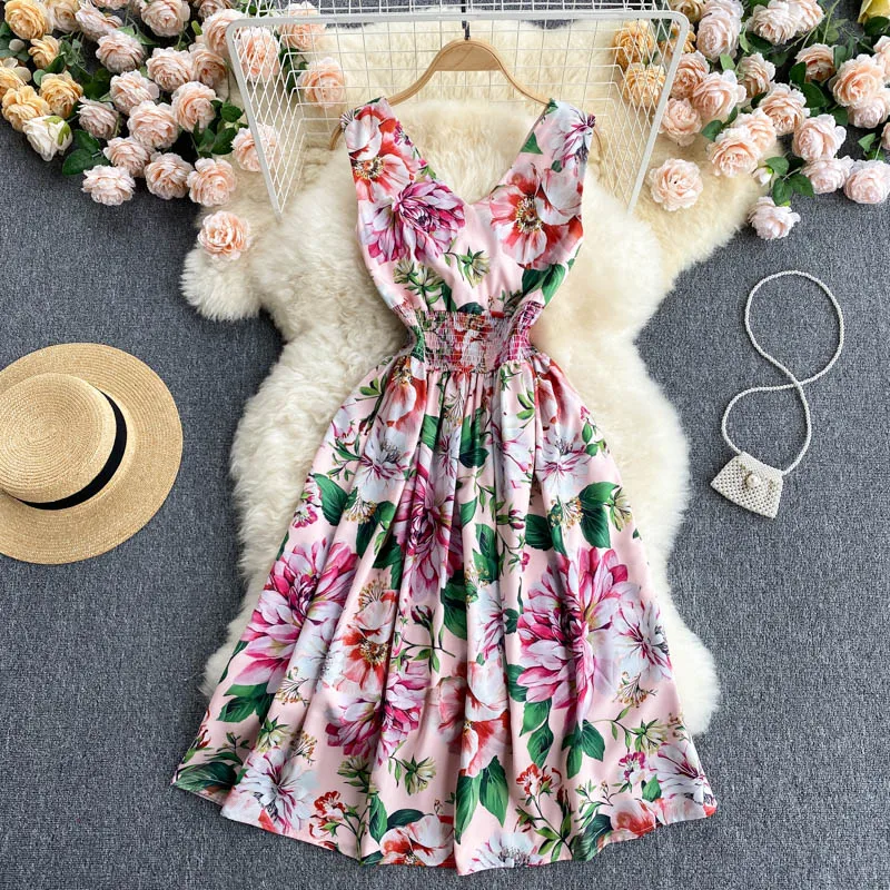 

Bohemian Women Floral Printed Runway Dress Summer Vacation Beach Midi Vestidos Elegant Female Flower A-Line Robe 2021 New