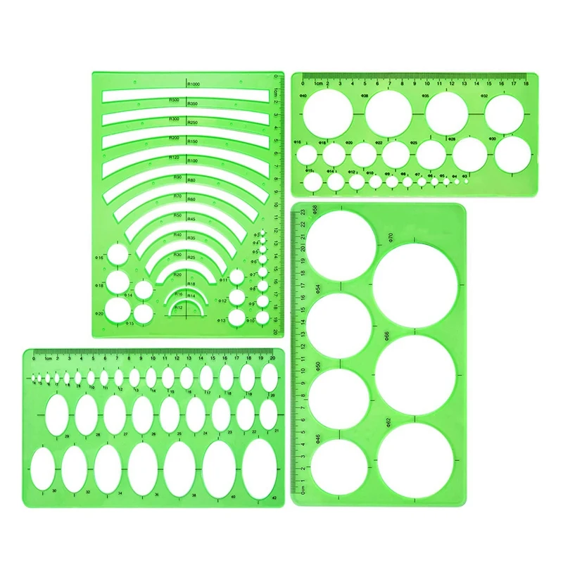 

4 Pieces Template Plastic Rulers Circle Oval Circle Radius Drawing Templates for Office and School Supplies Clean Green