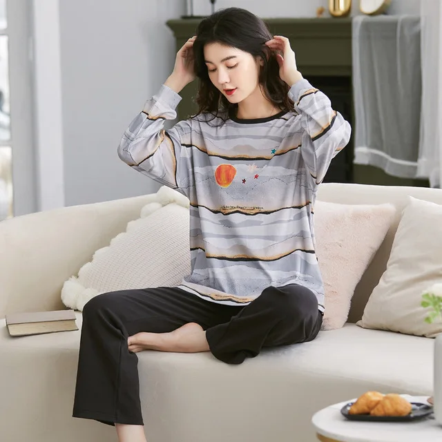 

Women's Autumn Winter Long-sleeved Pajamas Loose Thicken Warm Homewear Cute Elk Animal Print Sleepwear Pure Cotton Pajamas Set