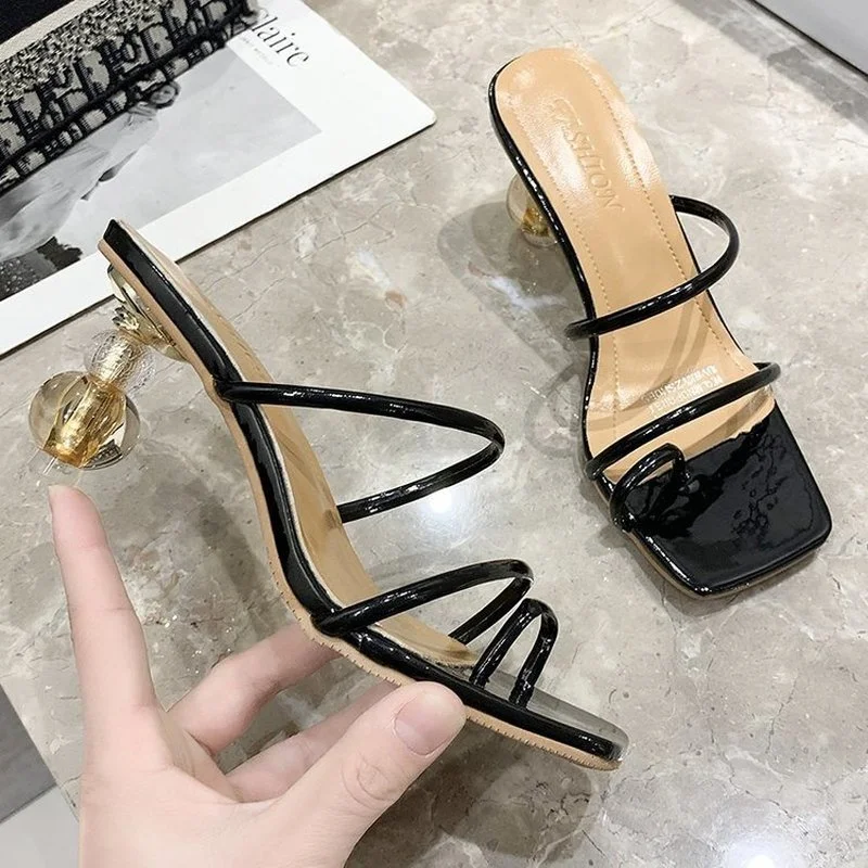 

2021 Sandals Women 8cm High Heels Strap Mules Fetish Summer Crystal Slides Female Rome Gladiator Girls Low Strange Heels Shoes