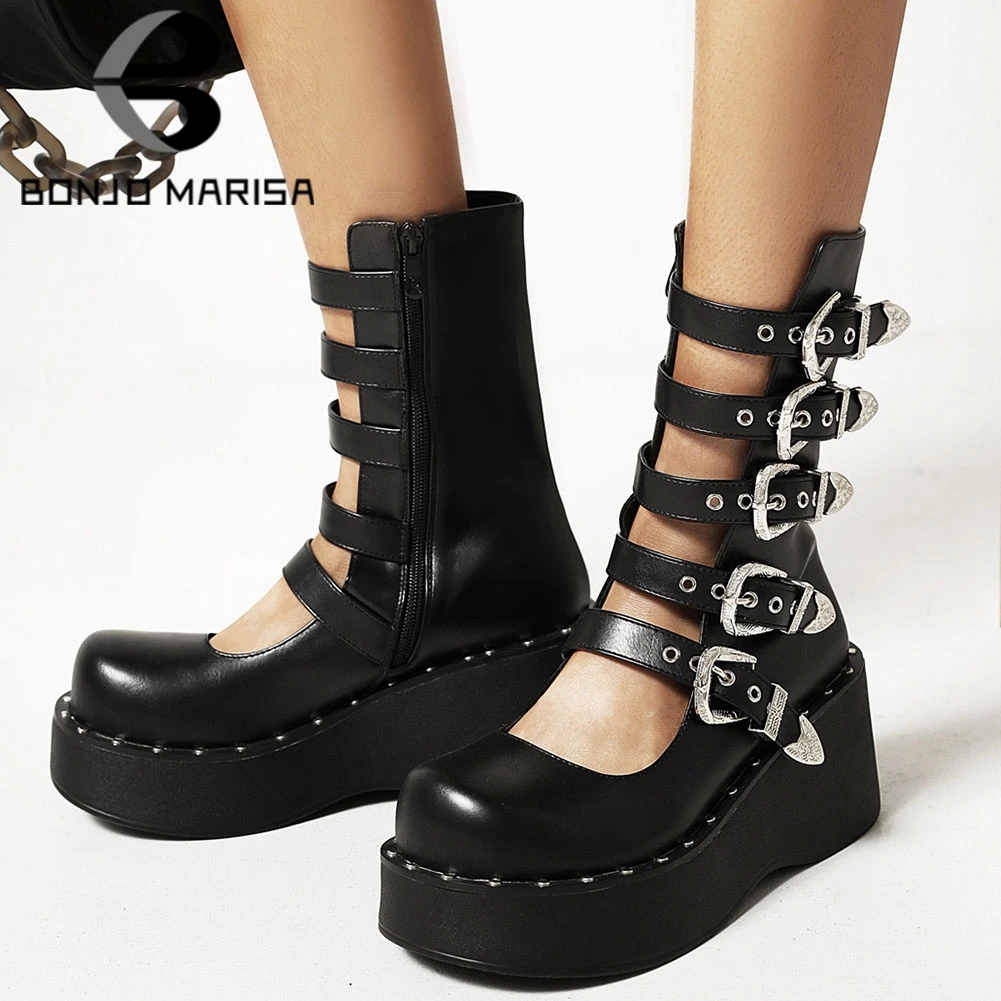 

BONJOMARISA Brand Luxury Round Toe Summer women's Motorcycle Boots Buckle Metal Zipper Platform Wedges Goth Punk Cutout Shoes