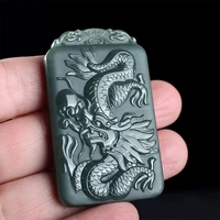 natural real jade a hetian qingyu raw handcarved chinese zodiac dragon green pendant chain necklace unique jewelry
