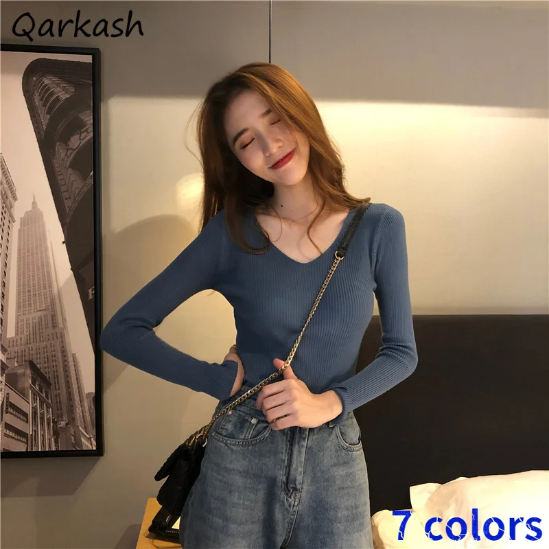

Long Sleeve T-shirts Women Fall V-neck Knitted Slim Fitting Warm Top Fashion Retro Stylish Vintage Simple Classic Minimalist Ins