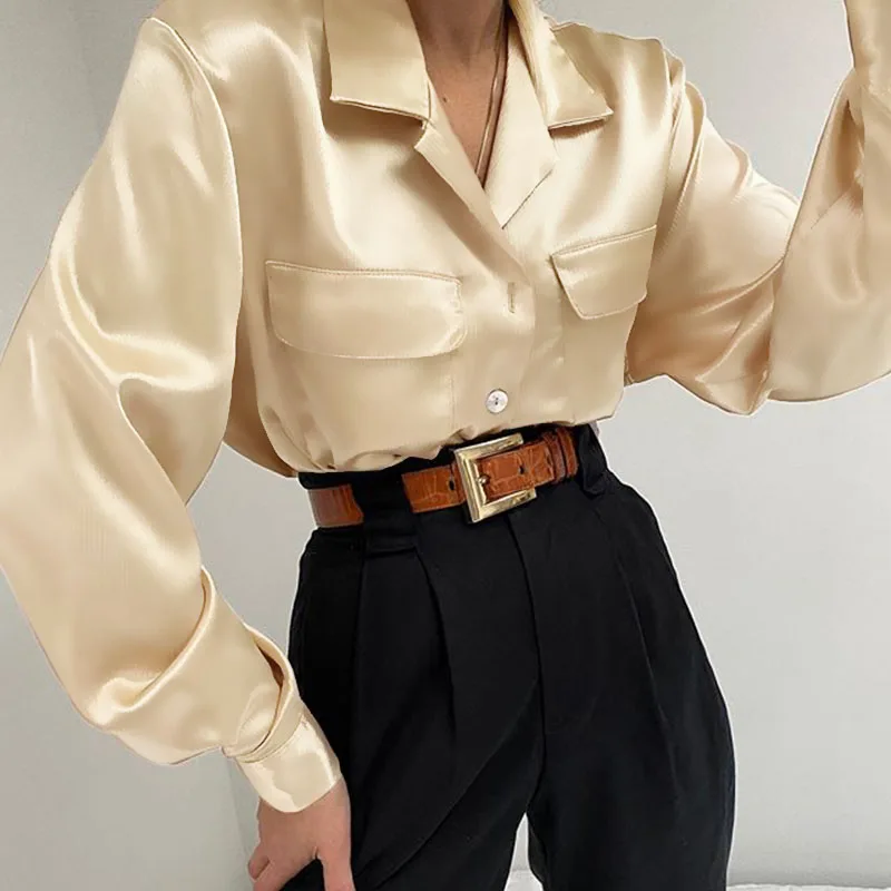 

New styleWomen Elegant Slik Satin Blouses Autumn Long Sleeve Lapel Buttons Party Shirt Casual Solid Blusas