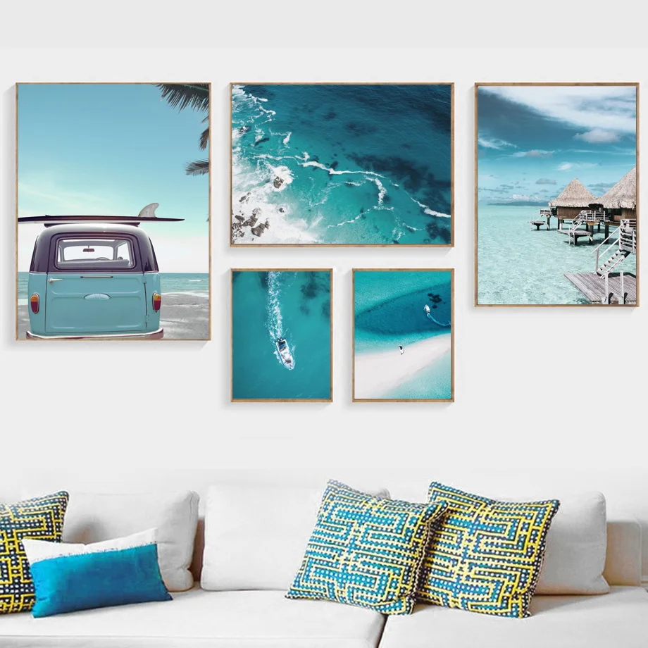 Ocean Car Boat Beach Tropical Seascape Wall Art Canvas Painting Nordic Posters And Prints Pictures For Living Room Decor | Дом и сад