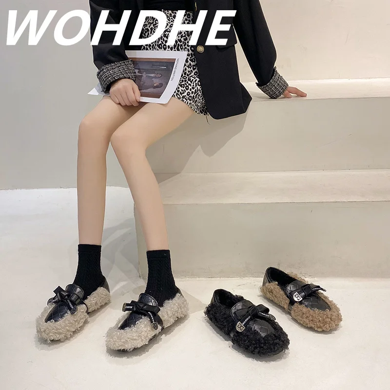 

WOHDHE Women Single Shoes Low Flat Heel Loafers Outdoor Ladies Lovely Splicing Fur Punk Soft Comfort Round Toe Butterfly-knot