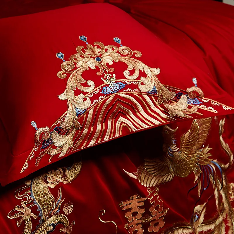 Роскошные 4/6/9 шт красный набор свадебного постельного белья Золотой Феникс Лун вышивка пододеяльник из хлопка простыня-Покрывало наволочки для подушек
