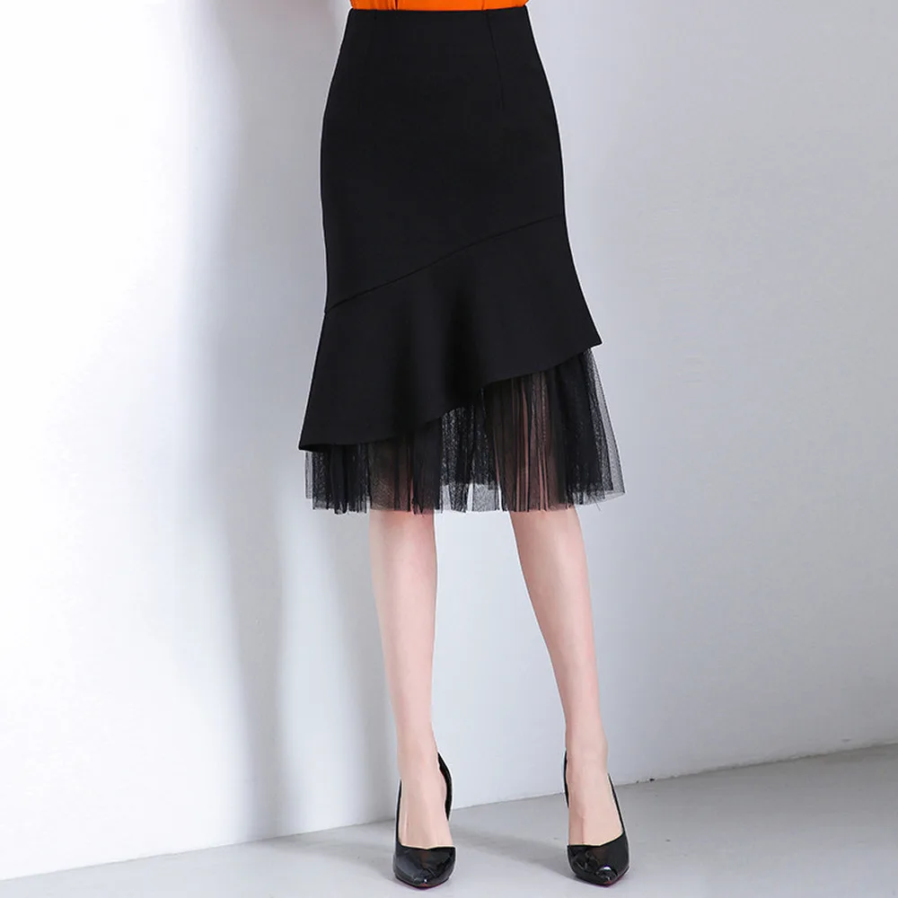 

2020 Fashion New Office Lady Trumpet / Mermaid Sexy Women Skirts Tulle Patchwork Midi Skirts High Waist Fashion Midi Skirt
