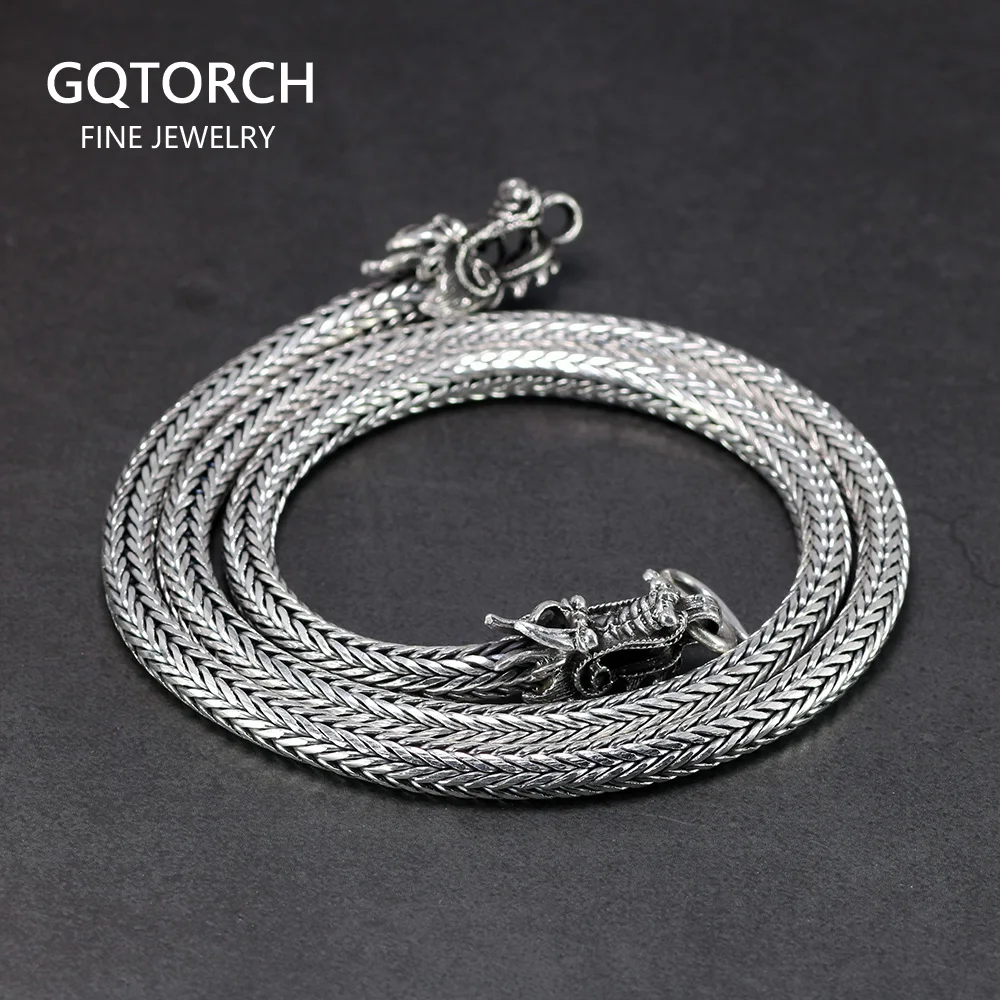 Настоящее цельное 925 пробы Серебряное двойное ожерелье с драконами для мужчин