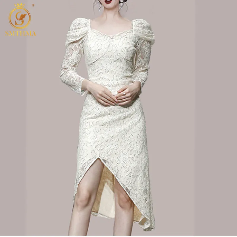 

SMTHMA 2022 New Fashion Autumn Korean Sequined Irregular Dress Women's Lace Hollow Out High Waist Puff Sleeve Slim Dress