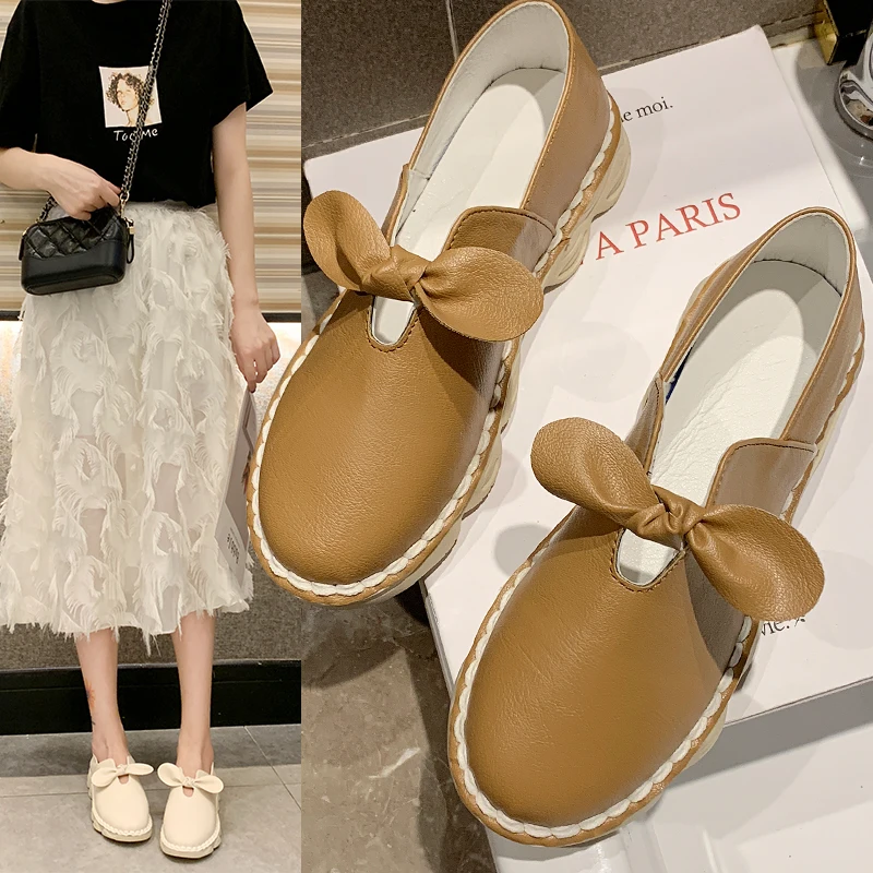 

2019 New High Quality Women Oxford Flats Mixed Colors Casual Shoes Woman Soft Real Leather Bow Button Slip-on Creeper Loafers