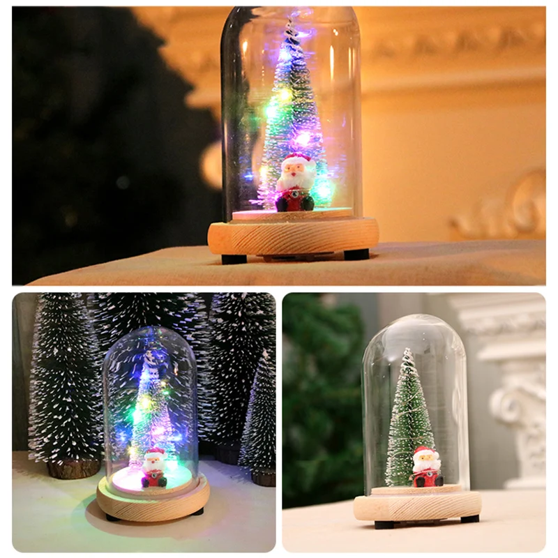 Christmas Tree In Glass Dome on a Wooden Base for Valentine's Gifts LED Rose Lamps Christmas Festive Ornaments New Year Souvenir