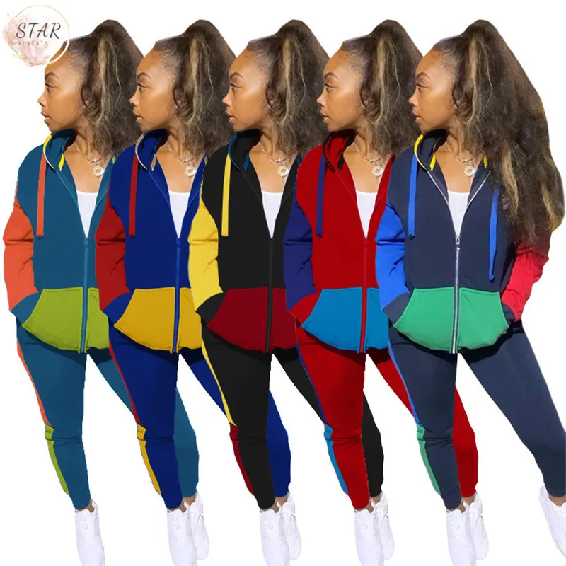 

Лоскутные Спортивные костюмы для женщин, комплект из двух предметов, толстовка, топ, спортивные брюки, костюмы для бега, весенняя одежда, опт...