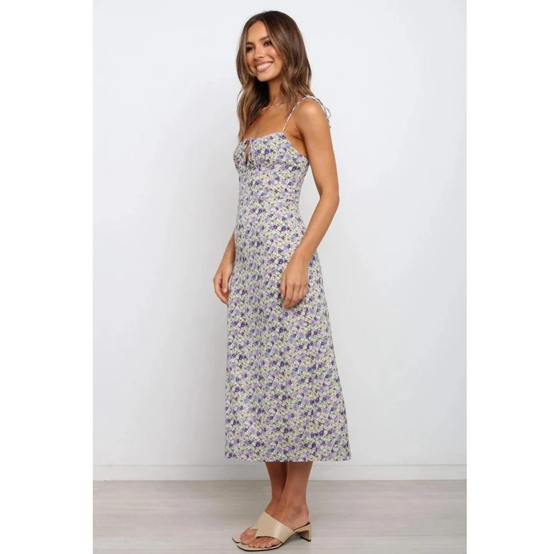 

WEPBEL Dress Summer Sexy Lace-up Backless Spaghetti Strap Square Collar Split Dress Women's Casual Floral Print Slim Dress