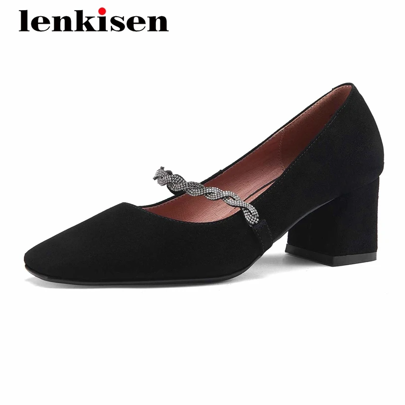 

Lenkisen korean streetwear sheep suede chains rhinestone square toe thick high heel slip on elegant ladies dress women pumps L39