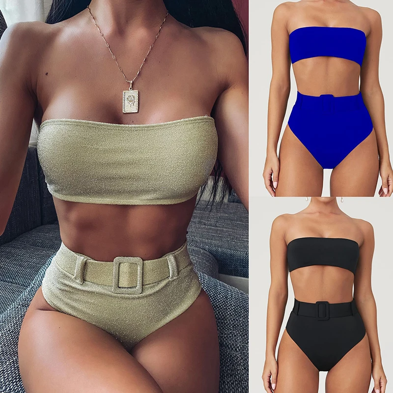 

2020 Women Solid Bikini Set Sexy High Waist Swimwear Tube Top New Bikinis Bathing Suit Female Swimsuit Beachwear Biquini Mujer