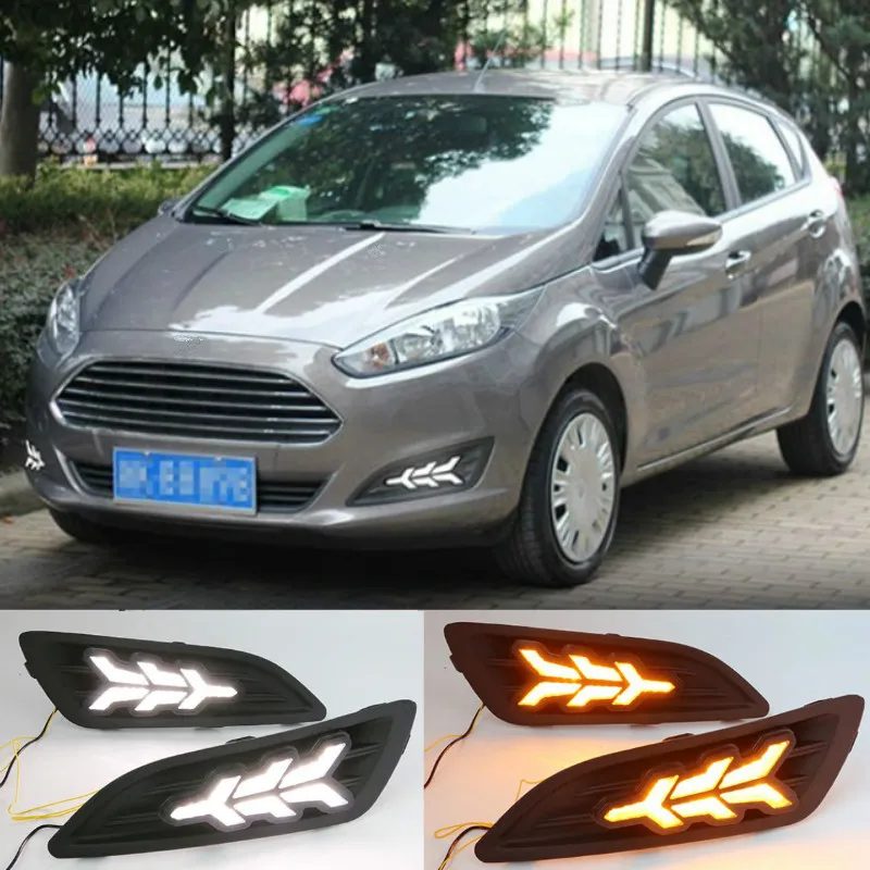 

Светодиодные дневные ходовые огни, 1 пара, для Ford Fiesta 2013, 2014, 2015, 2016, Светодиодные ДХО, противотуманные фары, крышка желтого цвета, указатели поворота