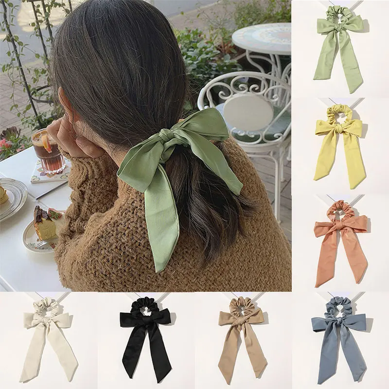 

2020 Girls Bow Hair Bands Solid Color Sweet Hair Ties Scrunchie Women Ponytail Scarf Elastic Hair Accessories Ribbons Hairband