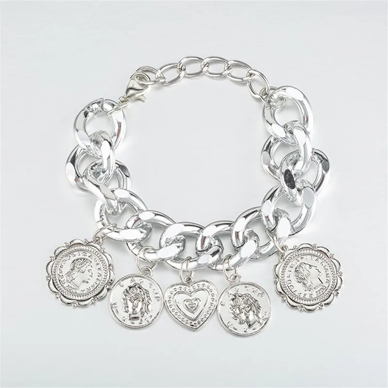 Big Gold Bracket Punk Chain Coins Retro Jewelry Female Personality Relief Portrait Geometric Bracelets HipHop 2019 Man | Украшения и