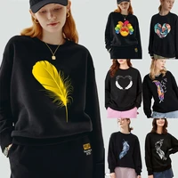womens pullover warm long sleeved sweatshirt color feather printing o neck casual black autumn and winter polyester clothing