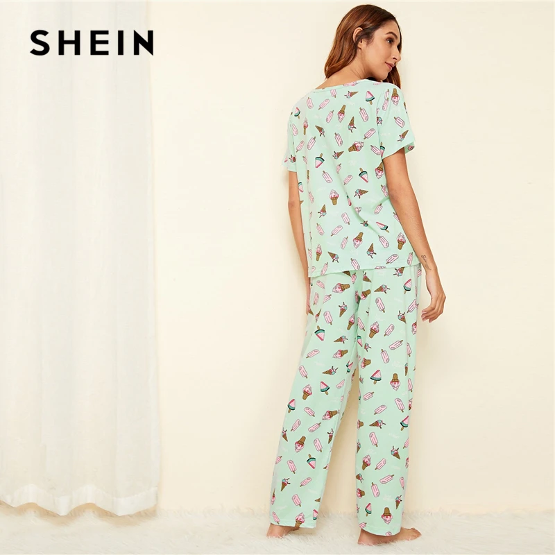 SHEIN зеленый пижамный комплект с принтом мороженого, Повседневная Пижама с короткими рукавами и длинными штанами, пижамный комплект для женщин, летняя женская пижама, пижамные комплекты