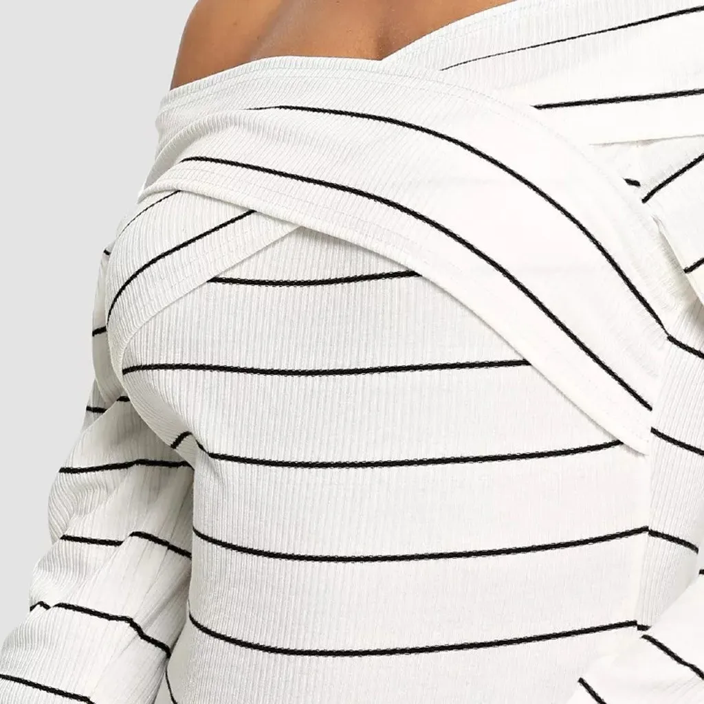 Модное платье в полоску с открытыми плечами блуза Повседневное зимняя женская