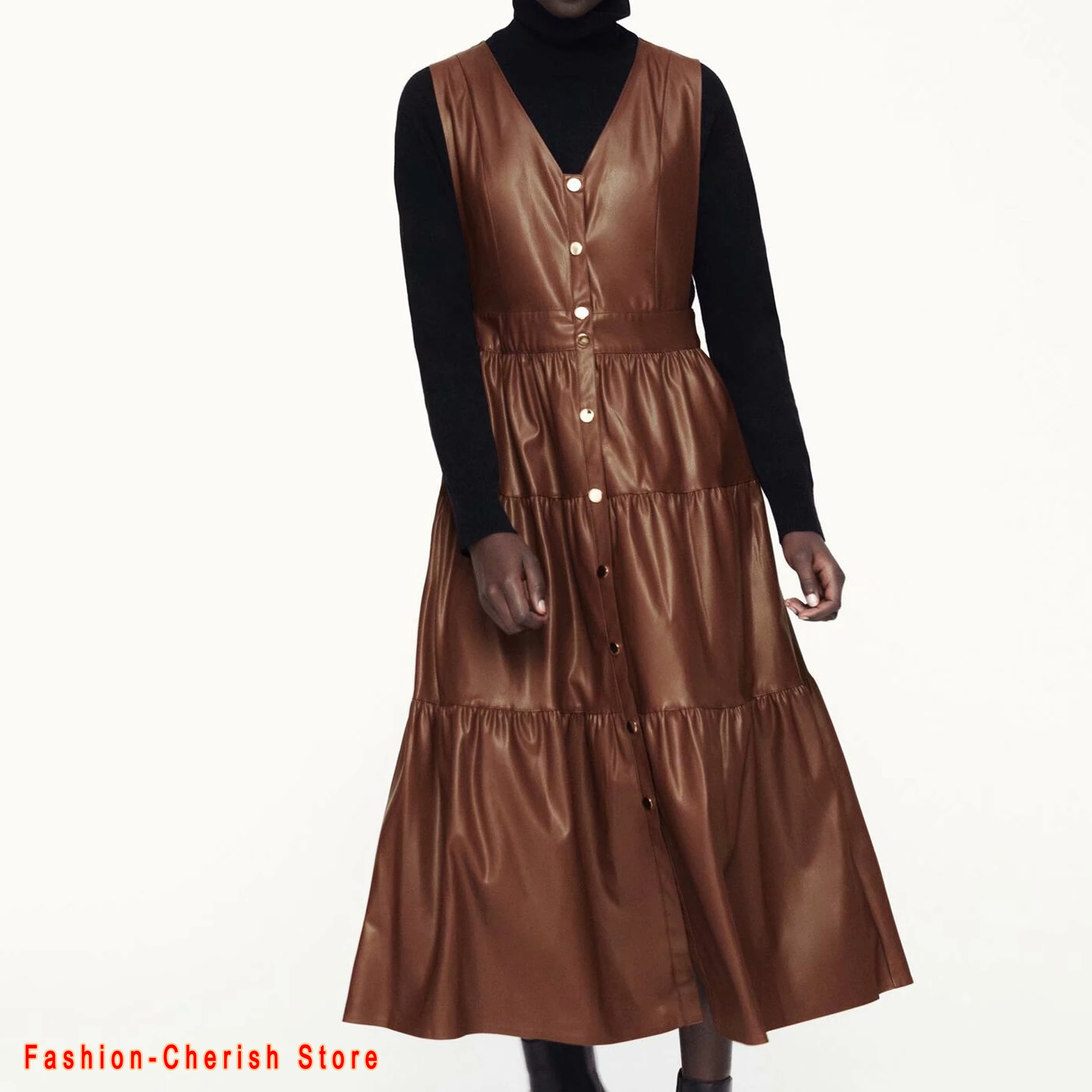 

Autumn Winter 2020 Fashion Women Midi Mid-Calf Faux Leather Tank Dresses Office Ladies A-Line V-Neck Buttons Elegant PU Dress