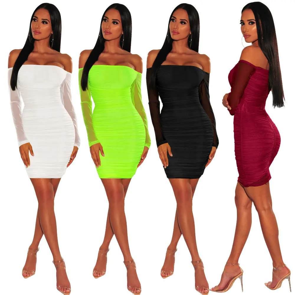 ANJAMANOR Sexy Mesh Nightclub Party Dress Ruched Zipper Up Off The Shoulder Long Sleeve Bodycon Bandage Fall 2019 D36-AD17 | Женская