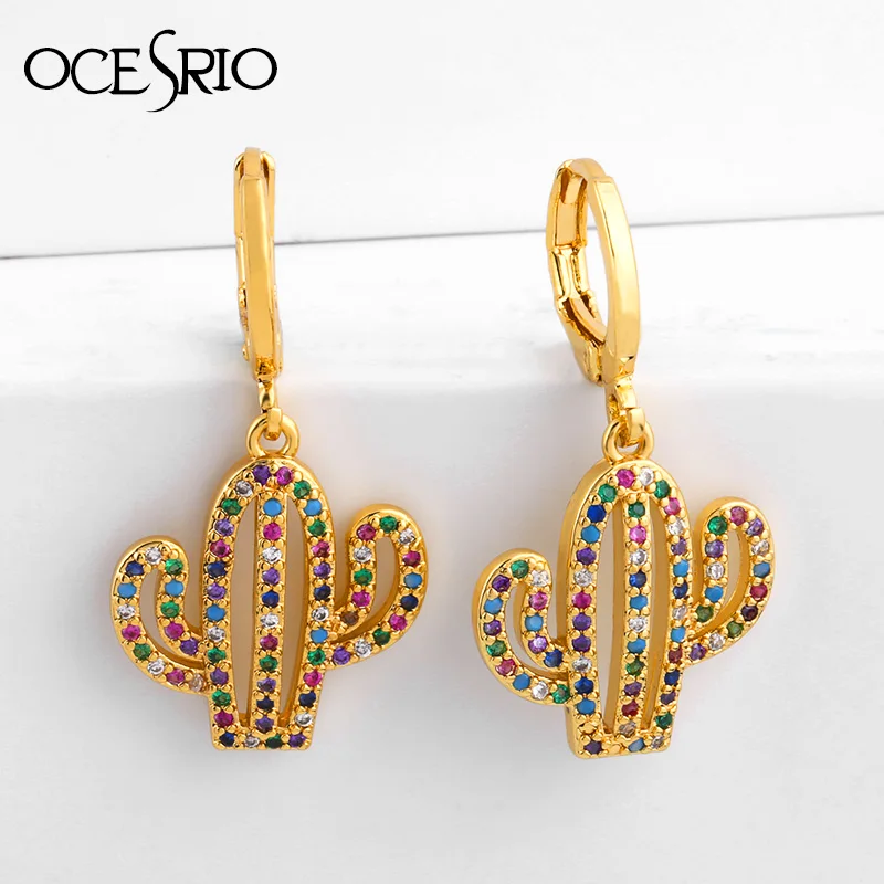 Красочные циркониевые серьги в виде кактуса для женщин золотые корейские