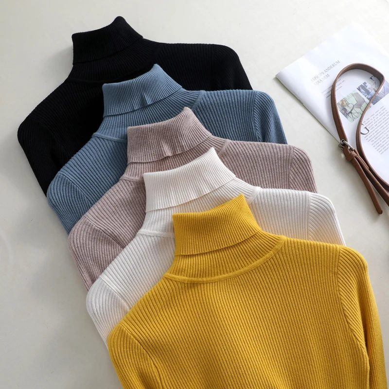 Вязаные женские водолазки свитера пуловеры весна-осень базовые пуловер