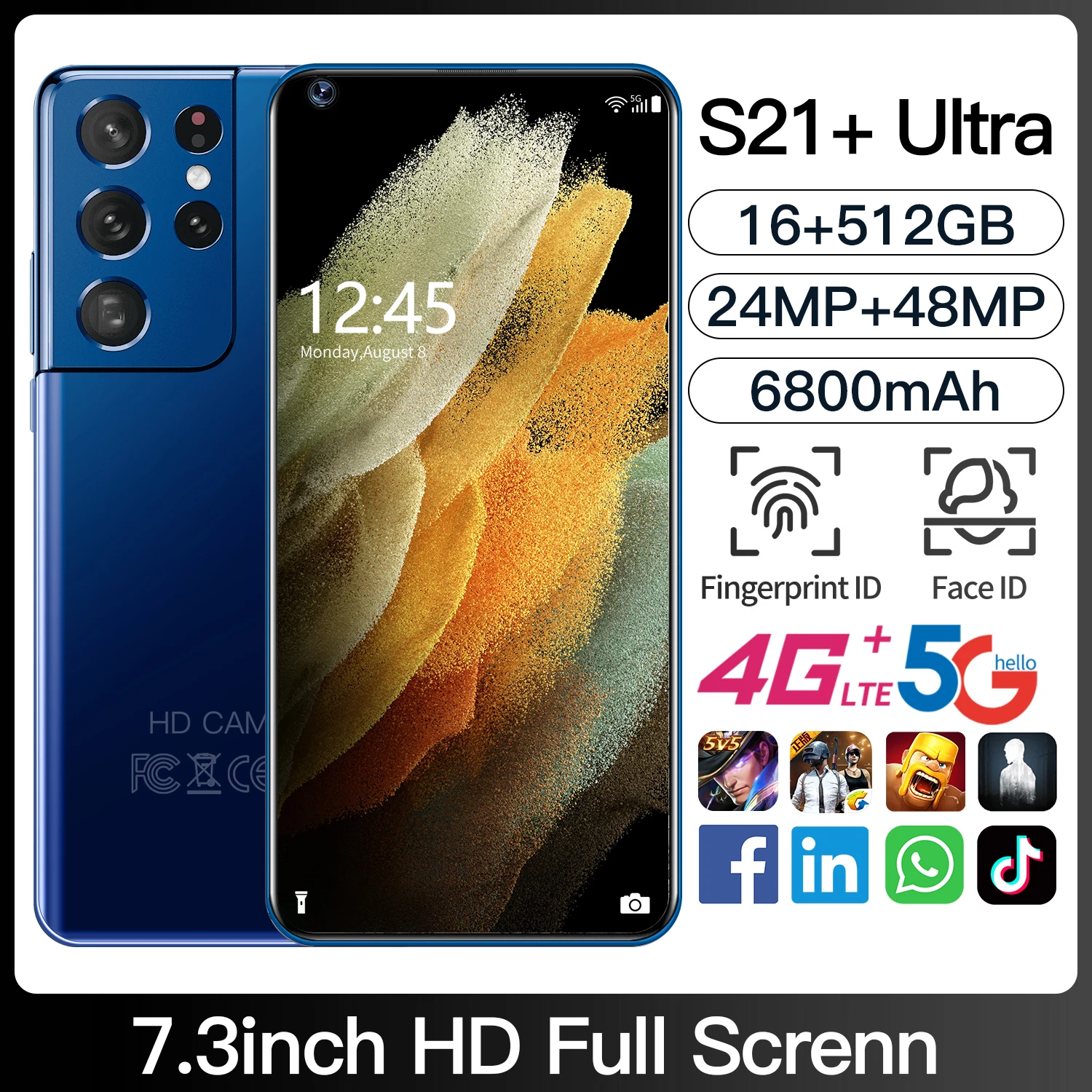 

S21+Ultra 7.3Inch Global Hot Sale 16GB 512GB New Smartphones 24MP+48MP Android 10 6800mAh Ten Core Really 4G 5G Dual SIM Unlock