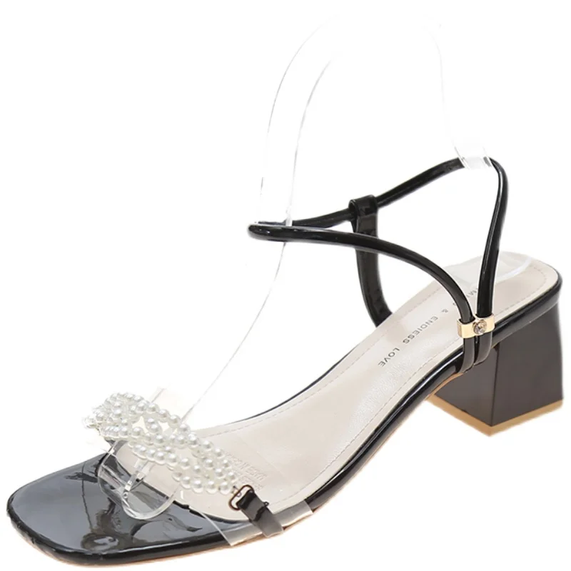 

Fashion Womens Shoes 2021 Sandals Elastic Band Summer Heels Buckle Suit Female Beige Med Luxury Comfort Slip-on Girls Block High