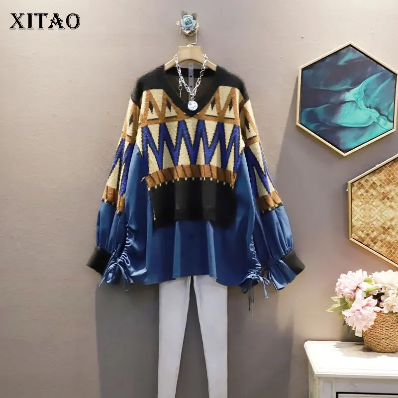 

XITAO свитер с рисунком, Модный женский пуловер с длинным рукавом, винтажный вязаный Повседневный стиль, осень 2021, свитер для женщин, CZH0014