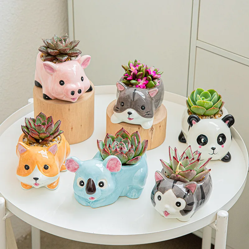 6Pcs Nordic Cartoon Cute Ceramic Mini Flowerpot Home Decor Succulents Pots Decorative Vase Accessories Micro Landscape Bonsai