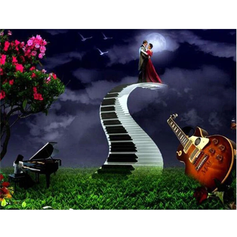 5D Романтическая пара для вышивки бисером "Крест в полной квадратной вышивке" "Фантазийная дорога гитары и пианино" искусство FC180.