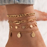 trendy summer 4 pcs set heart circle piece chain golden multi layer anklets for women ankle accessories jewelry gift