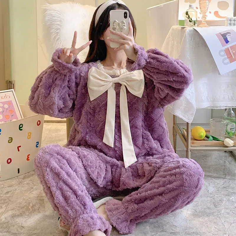 Coral Velvet Pajamas Women's Spring and Winter Thickened Warm, Sweet and Lovely Flannel Home Clothes Two-piece Suit for Women