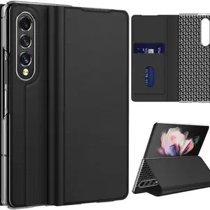 genuine leather with holder card slot wallet case for samsung galaxy z fold 3 5g 2021 magnetic flip cover z fold 3 case