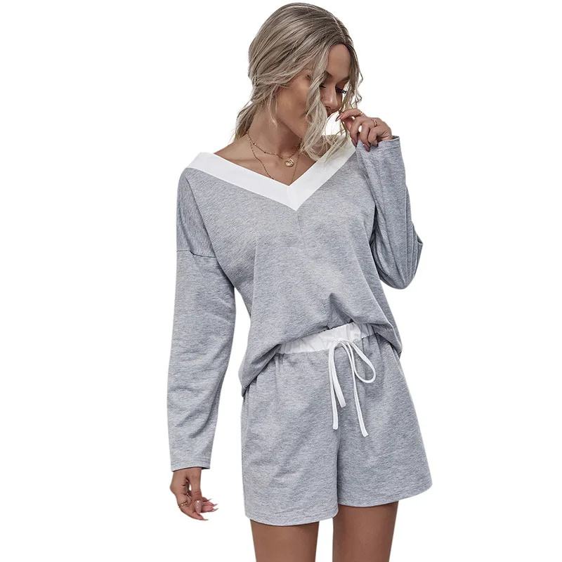 

2020 Autumn and Winter New Long-Sleeved Shorts Suit Leisure Tops Casual Wear V-Neck Tops and Shorts Home Clothing