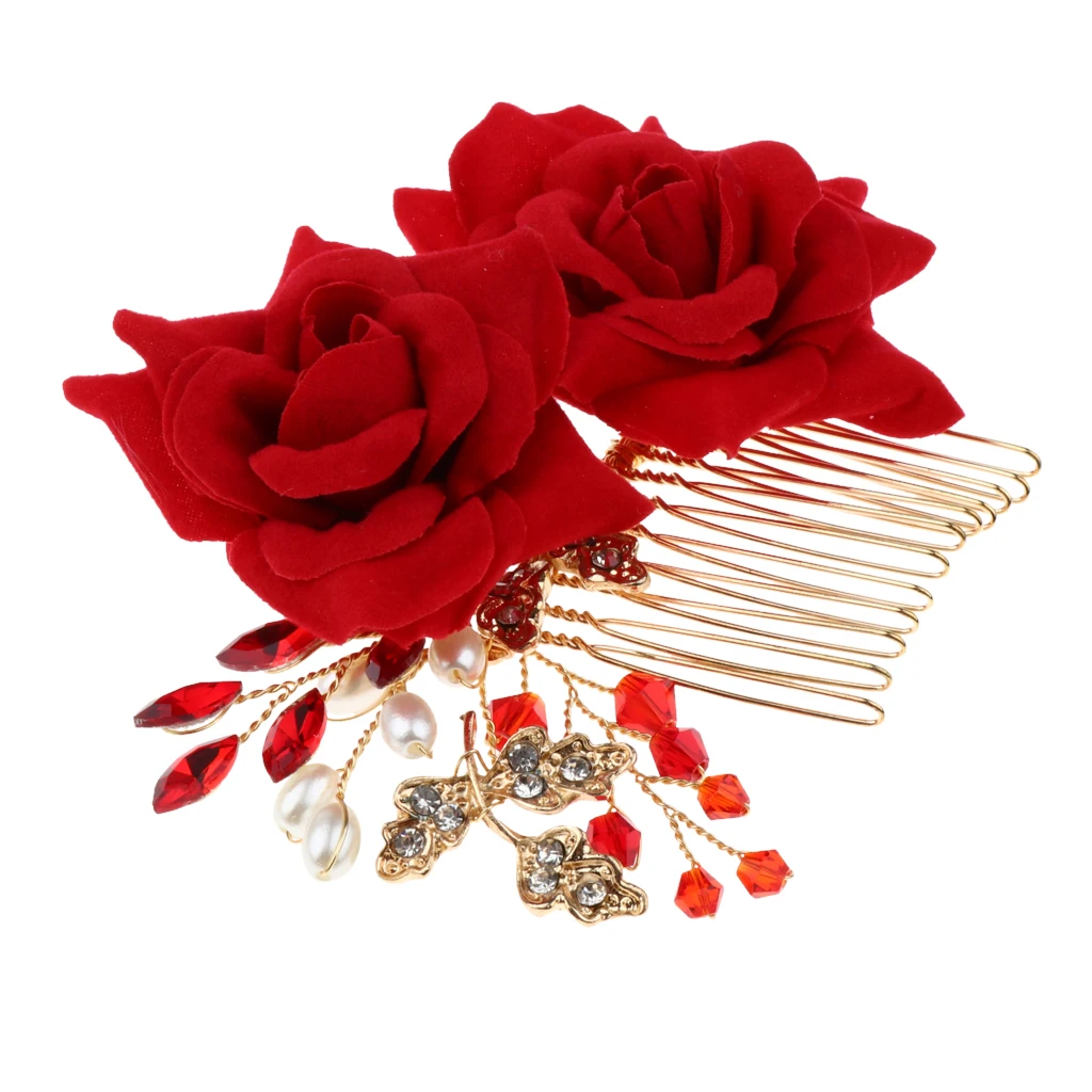 

Red Rose Bridal Bridesmaid Wedding Hair Comb Clip Rhinestone Diamante Prom