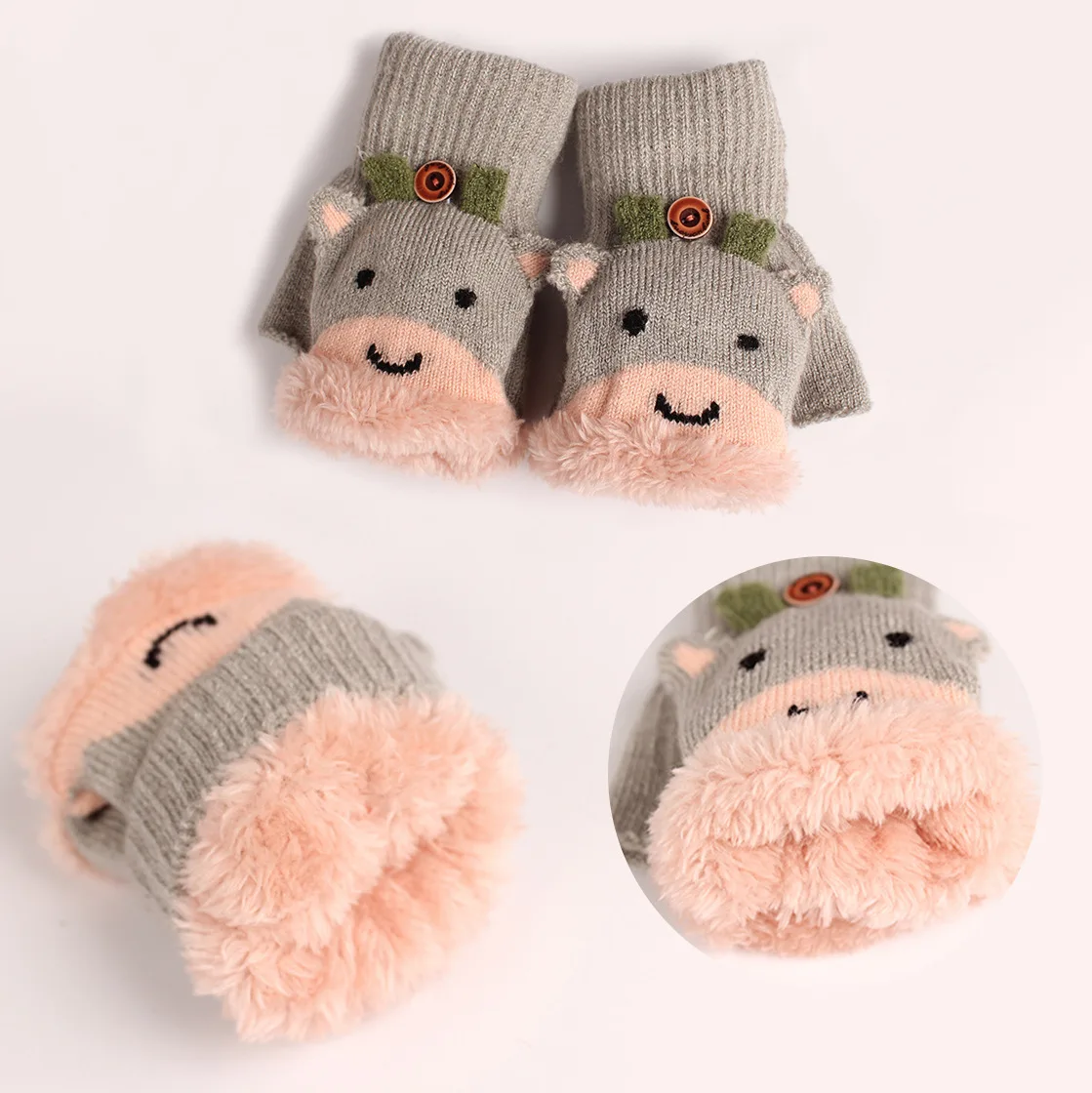 

Children's Gloves Female Winter Lovely Korean Cartoon Thickened Plush Warm Student Clamshell Knitted Half Finger Gloves Winter